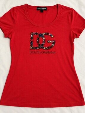 Dolce & Gabbana Red Crystal Jeweled DG Logo T-Shirt Size S